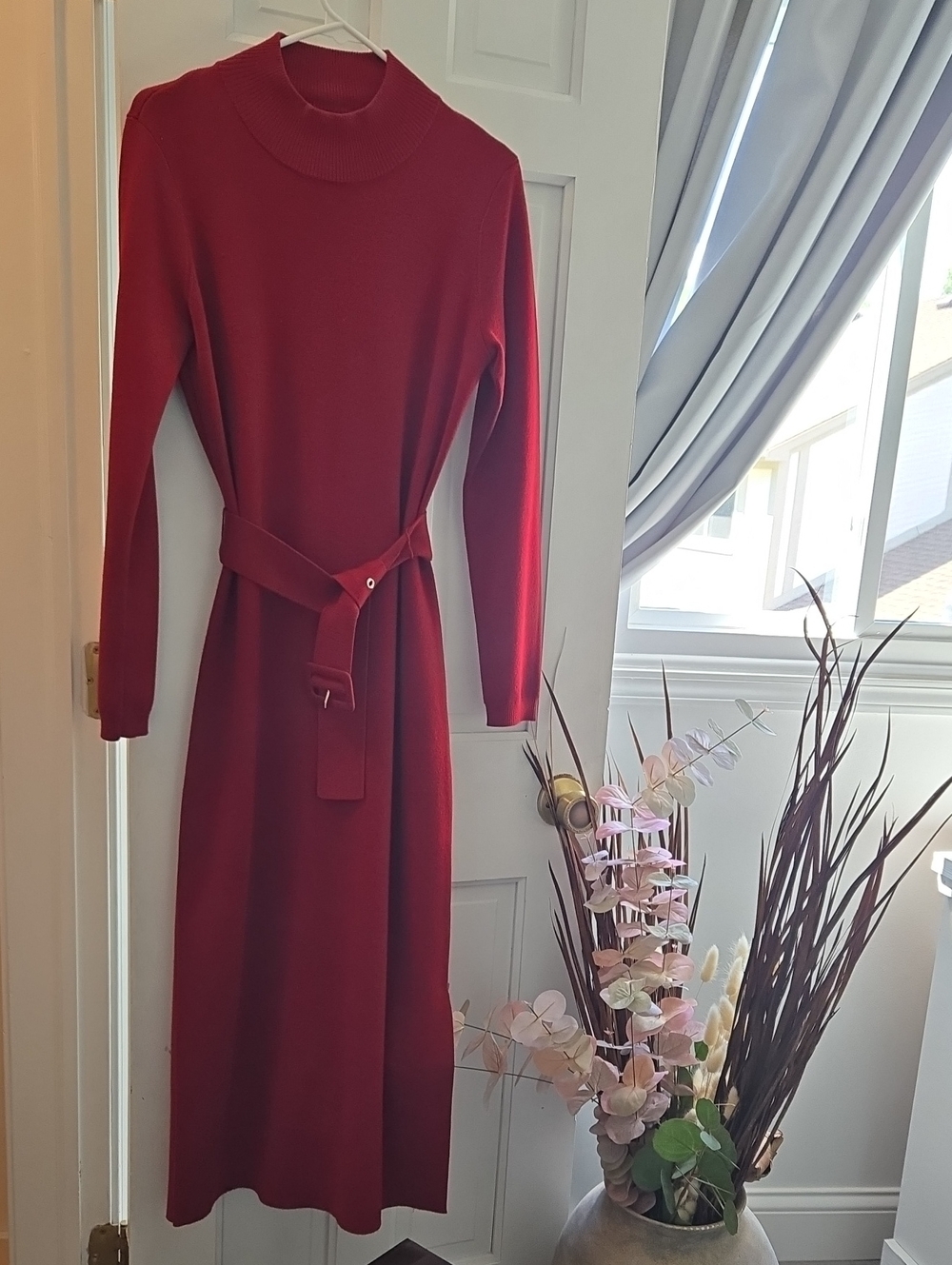 Elie Tahari Crimson Red Long-Sleeve Belted Knit Midi Dress